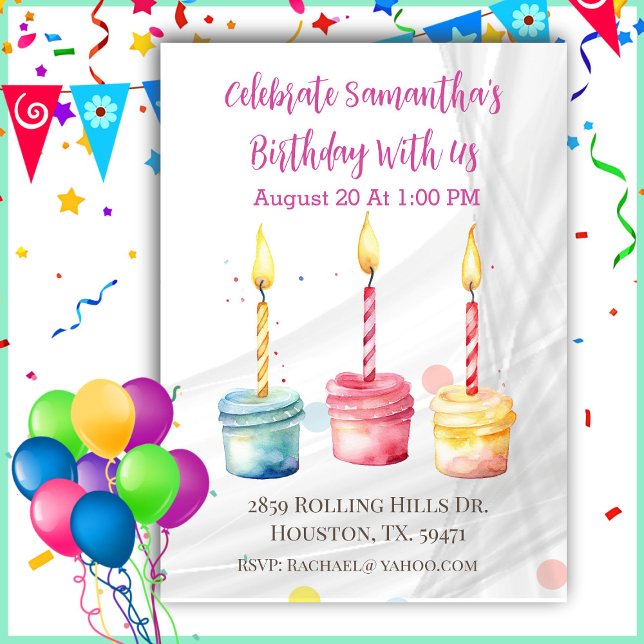 Girls Watercolor Cup Cakes Birthday Invitation (Creator Uploaded)