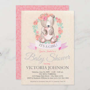 Girls Watercolor Floral Baby Bear Baby Shower Invitation