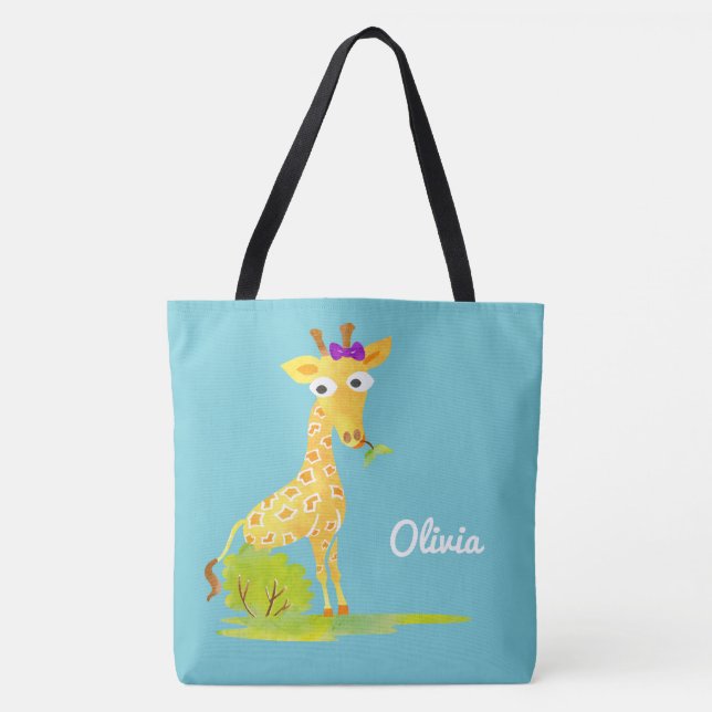 Girls Watercolor Giraffe Personalised Blue Animal Tote Bag (Front)