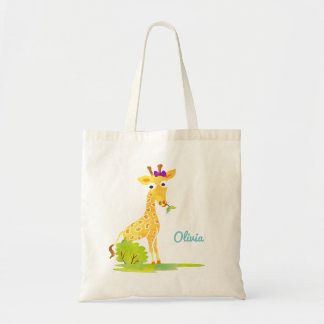 Girls Watercolor Giraffe Personalised Cute Animal Tote Bag (Front)