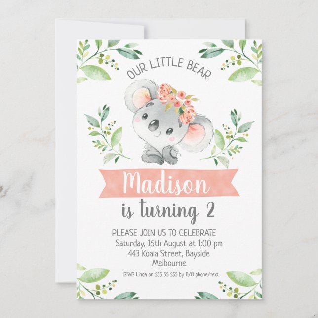 Girls Watercolor Koala Bear Birthday Invitation (Front)