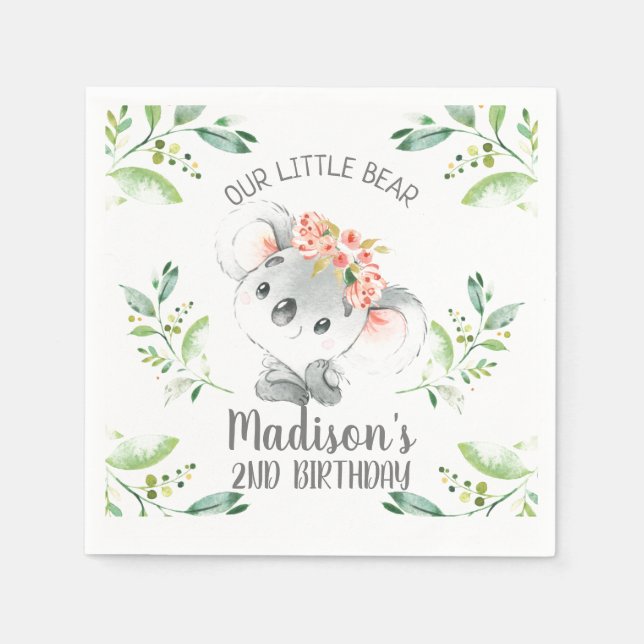 Girls Watercolor Koala Bear Birthday Paper Napkin (Front)