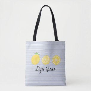 Girls Watercolor Lemon Trio Blue Pinstripe Tote Bag