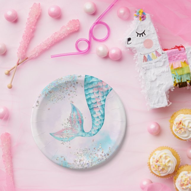 Girl's Watercolor Mermaid Birthday Party  Paper Plate (Party)