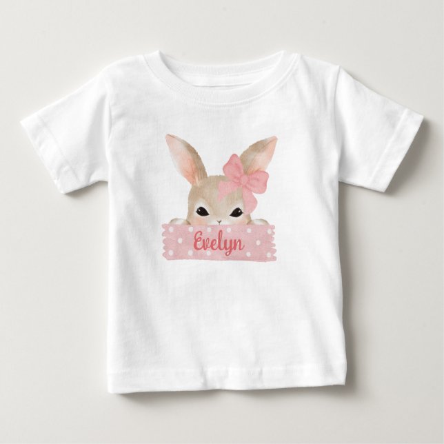 Girls Watercolor Pink Easter Bunny  Baby T-Shirt (Front)
