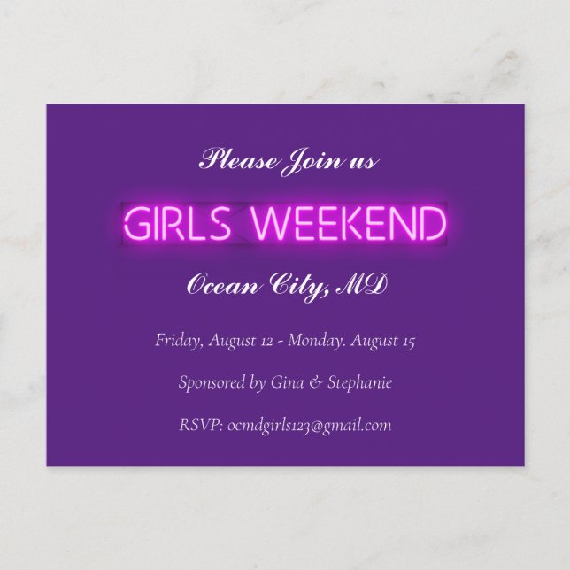 GIRLS WEEKEND Neon LED Sign Custom Invitation Postcard (Front)