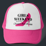 Girls weekend pink stiletto bachelorette party trucker hat<br><div class="desc">Girls weekend pink stiletto bachelorette party Trucker Hat. Cool cap for friends,  family,  bride,  bridal crew,  bridesmaids etc. Add your own destination,  year and quote.  High heels shoe silhouette with elegant text template.</div>