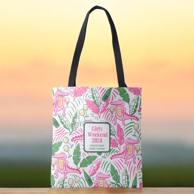 Girl's Weekend Preppy Alligator Wine Pink Green Tote Bag (Creator Uploaded)