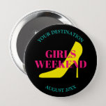 Girls weekend trip bachelorette party stiletto 10 cm round badge<br><div class="desc">Girls weekend trip bachelorette party high heel stiletto shoe pin back button. Small, medium and big sizes. Customise with date and destination. Elegant typography template with girly fashion icon. Create beautiful buttons for best friends, guests, bridesmaids, family, bridal crew, bride, bridesmaids, groups, wedding team etc. Great for bachelorette party, ladies...</div>