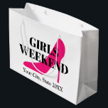 Girls weekend trip pink high heel stiletto shoe large gift bag<br><div class="desc">Girls weekend trip neon pink high heel stiletto shoe Large Gift Bag. Add your own party favours and goodies. Small, medium and big sizes. Customisable stringed bags with date and destination. Elegant typography template with fashion icon. Create beautiful bags for best friends, guests, bridesmaids, family, bridal crew, bride, bridesmaids, groups,...</div>