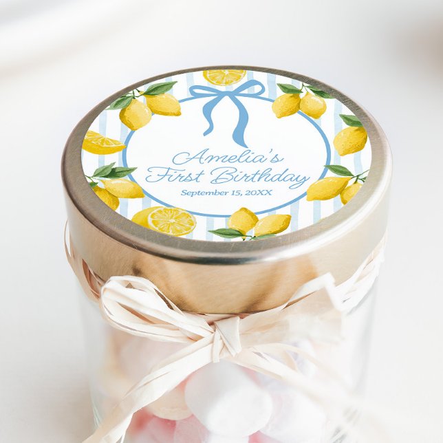 Girls Whimsical Blue Bow Lemon Amalfi Birthday Classic Round Sticker (Creator Uploaded)
