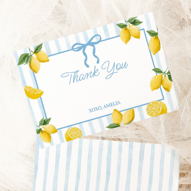 Girls Whimsical Blue Bow Lemon Amalfi Birthday Thank You Card (Creator Uploaded)