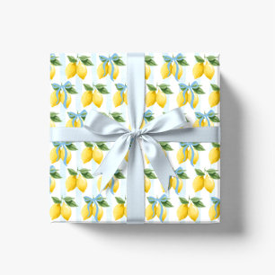 Girls Whimsical Blue Bow Lemon Amalfi Birthday Wrapping Paper