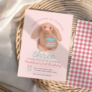 Girls Whimsical Cute Pink Bunny and Cake Birthday  Invitation