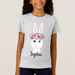 Girls Whimsical Floral EasterBunny Rabbit and Name T-Shirt