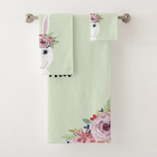 Girls Whimsical Floral Watercolor Rabbit and Name Bath Towel Set