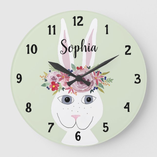 Girls Whimsical Floral Watercolor Rabbit and Name Large Clock (Front)