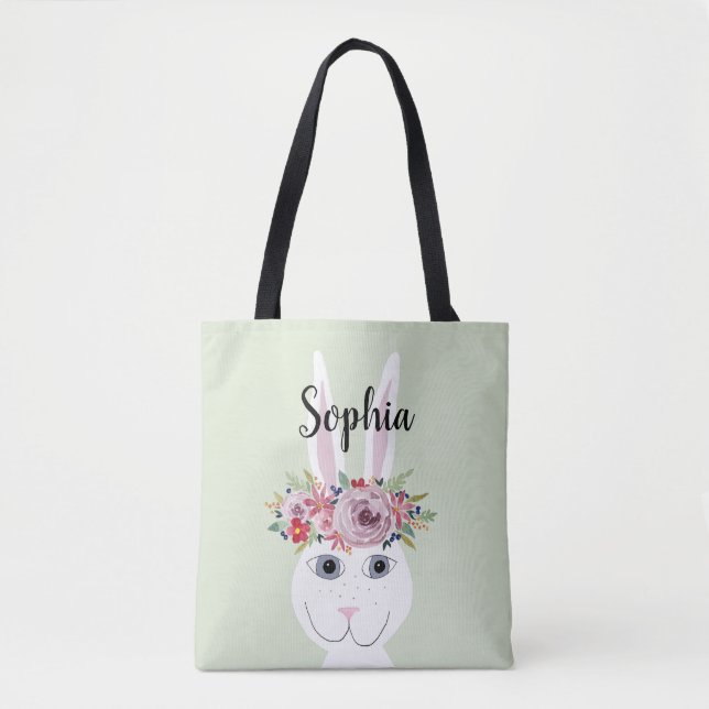 Girls Whimsical Flowers Watercolor Rabbit and Name Tote Bag (Front)