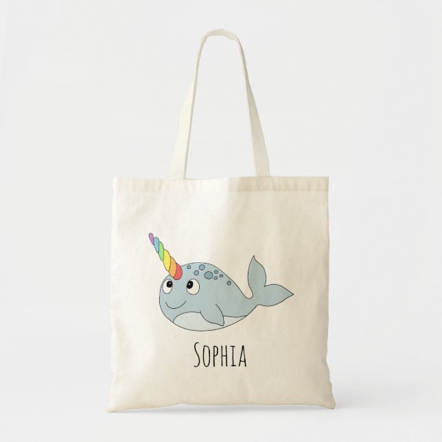 Girls Whimsical Rainbow Narwhal Cartoon Name Kids Tote Bag (Front)