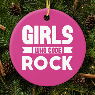 Girls Who Code Rock, Pink w/ Custom Text Christmas Ceramic Tree Decoration