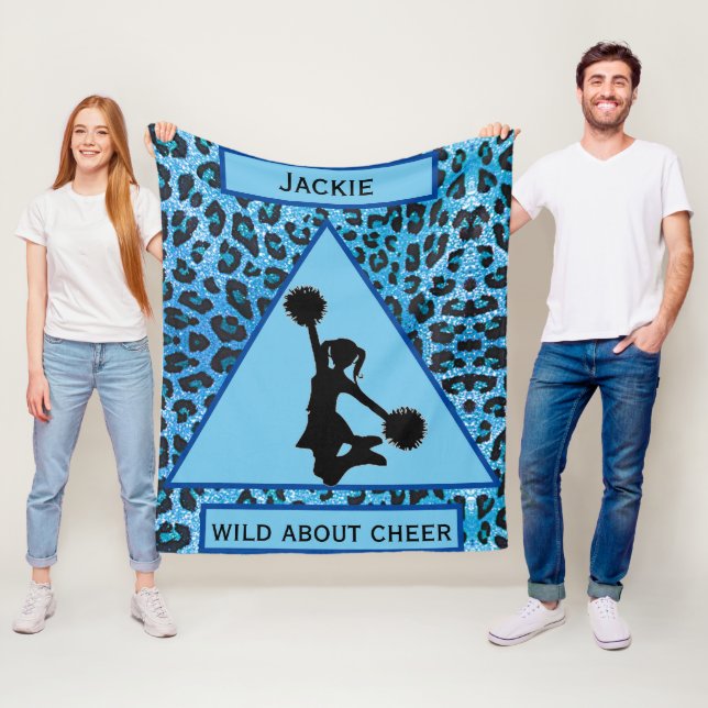 Girls "Wild About Cheer" Blue Leopard Fleece Blanket (In Situ)
