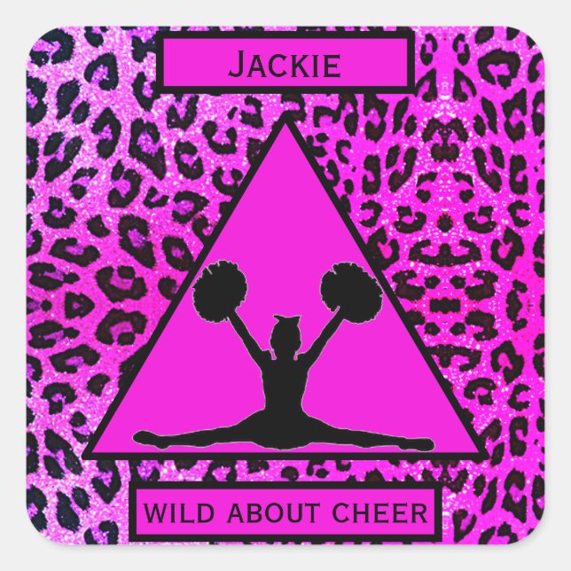 Girls "Wild About Cheer" Pink Leopard    Square Sticker (Front)