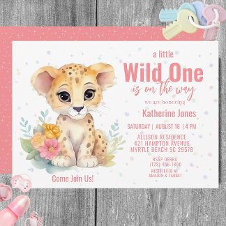 Girls Wild One Cheetah Floral Baby Shower Invitation