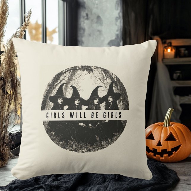 "Girls Will Be Girls | Cute Witch-Themed Halloween Cushion (Creator Uploaded)