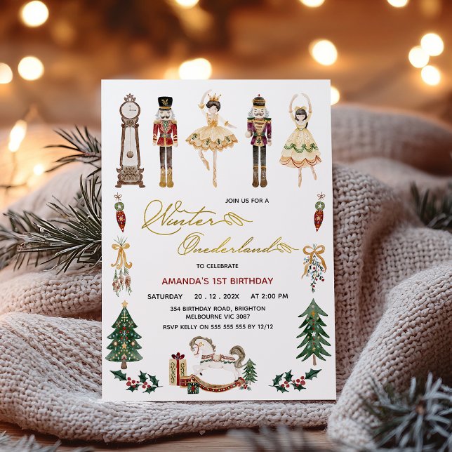 Girls Winter Onederland Nutcracker 1st Birthday Invitation (Nutcracker Winter Onederland 1st Birthday Invitation, Winter Onederland Nutcracker Ballet Birthday )