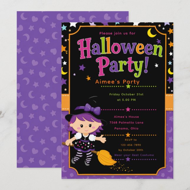 Girls Witch Halloween Party Invitation (Front/Back)