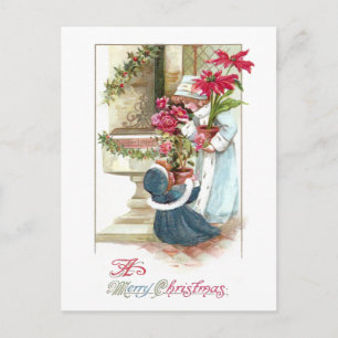 Girls with Potted Plants Vintage Christmas Holiday Postcard