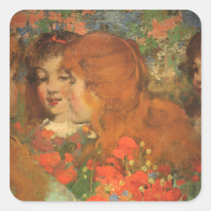 Girls With Red Poppies (by George Henry) Square Sticker