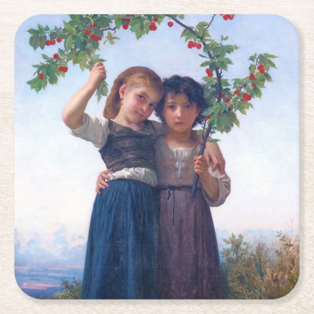 Girls with The Cherry Branch, Bouguereau Square Paper Coaster (Front)
