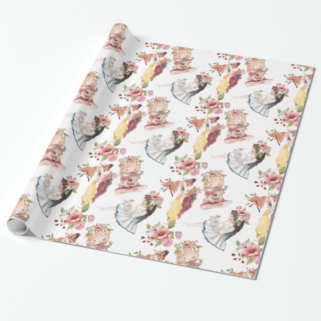 Girls with Woodland Animals Pattern for Kids  Wrapping Paper (Unrolled)