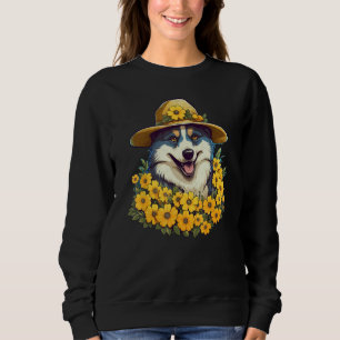 Girls Women Mom Siberian Husky Dog Sunflower Puppy Sweatshirt