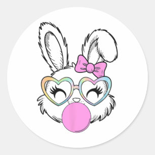 Girls Women Rabbit Bunny Face Pink Coquette Bow Ea Classic Round Sticker