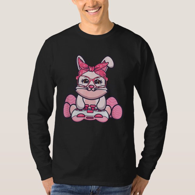 Girls Women Video Game Easter Bunny Gaming Control T-Shirt (Front)