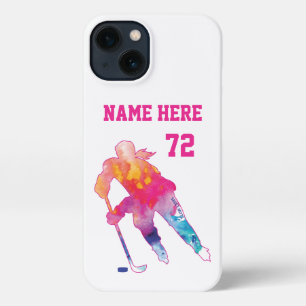Girls Womens Personalised Hockey Player Watercolor iPhone 13 Case