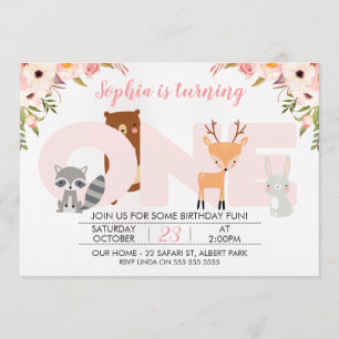 Girls Woodland Animals 1st Birthday Invitation
