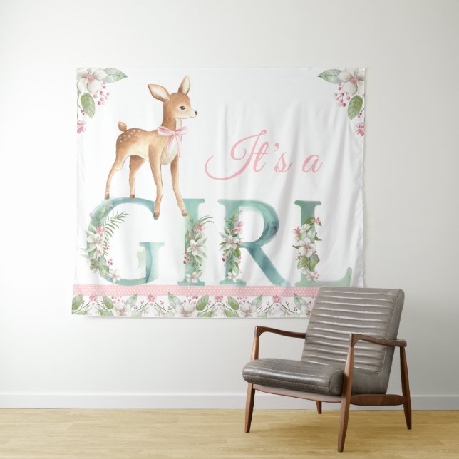 Girls Woodland Deer Baby Shower Backdrop Banner Tapestry (In Situ (Horizontal))