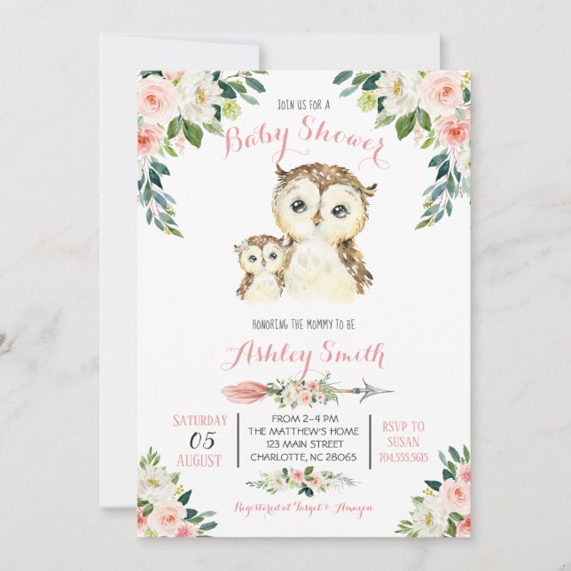 Girls Woodland owl Baby Shower Invitations (Front)