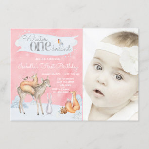 Girls Woodland Winter ONEderland Photo Birthday Invitation