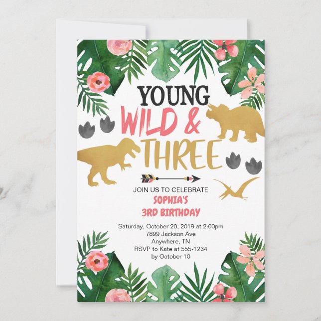 Girl's Young Wild & Three Dinosaur 3rd Birthday Invitation (Front)