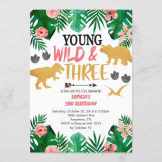 Girl's Young Wild & Three Dinosaur 3rd Birthday Invitation
