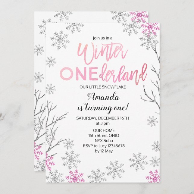 GIRLWinter ONEderland Pink Birthday Invite (Front/Back)