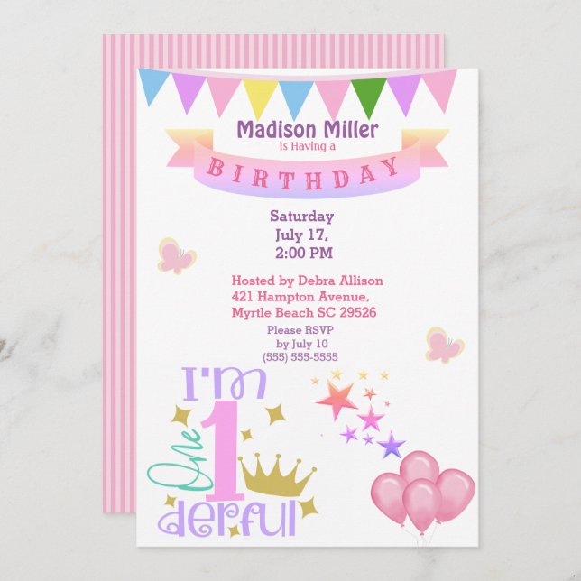 Girly 1and Wonderful Birthday Party Invitation (Front/Back)