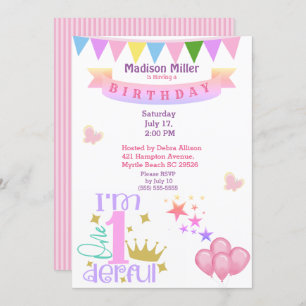 Girly 1and Wonderful Birthday Party Invitation