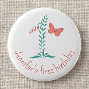 Girly 1st Birthday Baby Butterfly Floral 6 Cm Round Badge