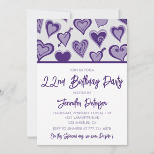 Girly 22nd birthday invitations Purple Hearts 