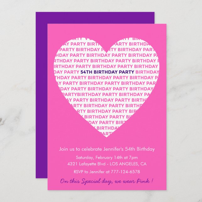 Girly 54th birthday invitation Girl Heart Pink (Front/Back)